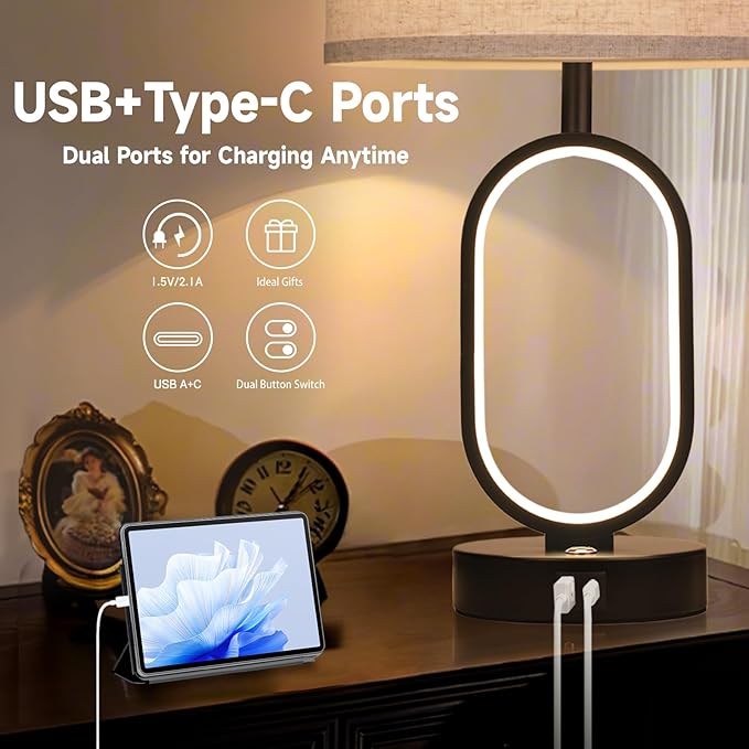 23" Bedside Lamps Set of 2, Farmhouse 3-Way Dimmable Touch Lamps for Nightstand, Built-in Night Light Bedside Table Lamp with USB A+C Ports, Black Table Lamp, LED Bulbs Included