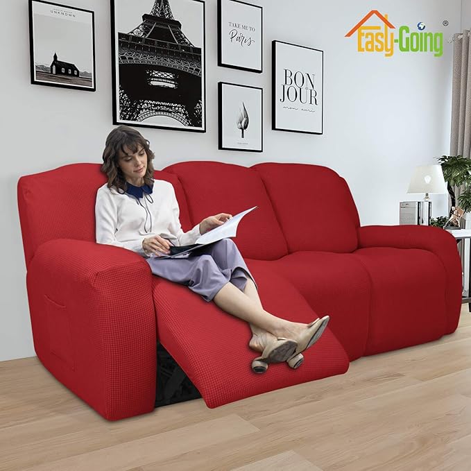 Easy-Going 8 Pieces Recliner Sofa Stretch Sofa Slipcover Sofa Cover Furniture Protector Couch Soft with Elastic Bottom Kids, Spandex Jacquard Fabric Small Checks Christmas Red