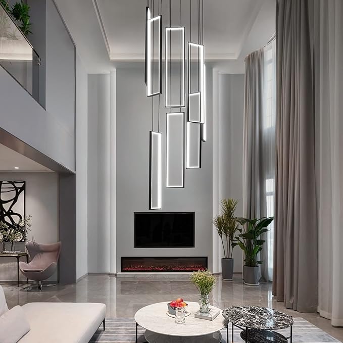 Modern Kitchen Island Dimmable Pendant Light Fixture Black 144W LED Pendant Lights 8 Rings Rectangular Chandelier Staircase Large Chandelier Lobby Living Room Foyer High Ceiling Chandeliers