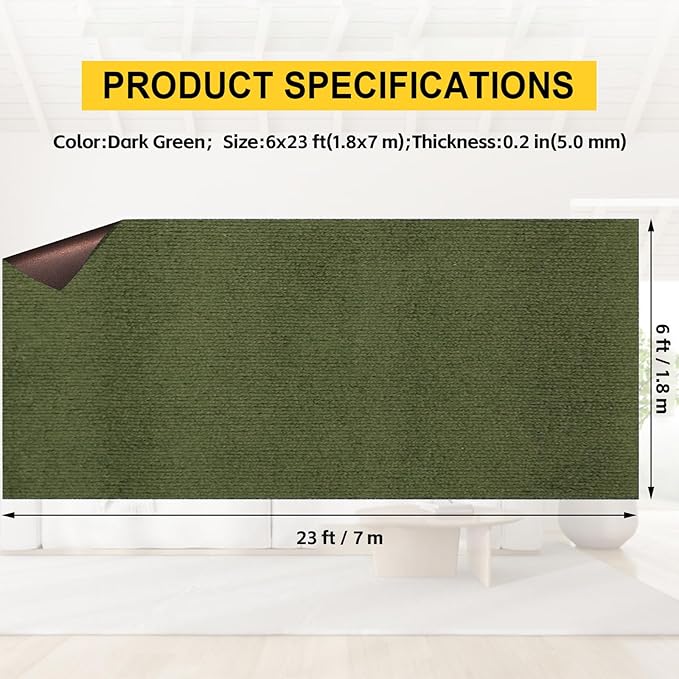 Marine Carpet,6 FT x 23 FT Olive Green Indoor Outdoor Carpet 0.2" Thick with Water-Proof TPE Backing, Non-Slide for Home, Patio, Porch, Deck