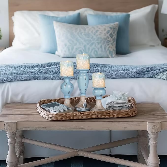 Sziqiqi Farmhouse Coastal Candle Holder: Pillar Candle Holders for Living Room Bathroom - Beach Candle Stand for Table Centerpieces Rustic Candleholder Set of 3 Ocean Decor for Fireplace