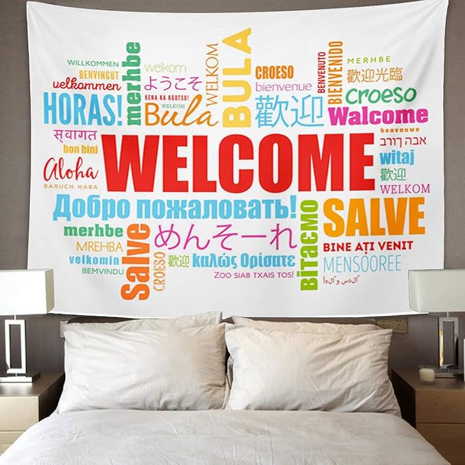 TOMPOP Tapestry World Welcome Word Cloud in Different Languages Conceptual Multilingual Home Decor Wall Hanging for Living Room Bedroom Dorm 50x60 Inches