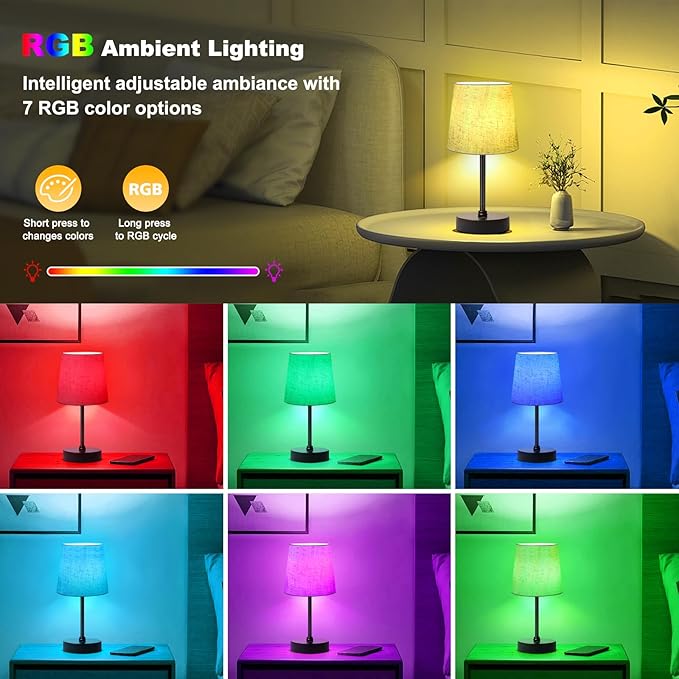 Small Cordless Table Lamp,5000mAh Rechargeable Battery Operated Desk Lamp,3 Colors & 7 RGB Stepless Dimmable, Portable Touch Fabric Shade LED Night Light for Bedroom Restaurant Home(Flaxen)