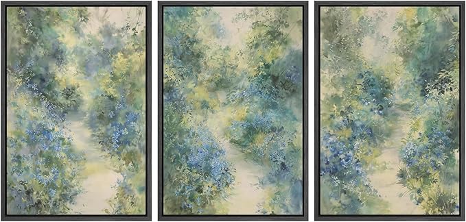 SIGNWIN Framed Canvas Print Wall Art Blue and Green Floral Impressionist Nature Scene Photography Modern Art Minimalist Black and White for Living Room, Bedroom, Office - 24"x36"x3 Black