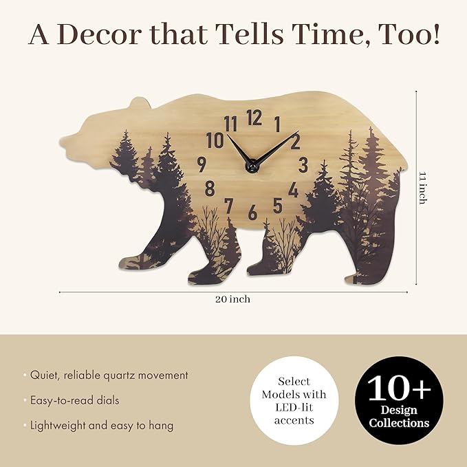 Young's Inc Bear Shape Wall Clock, Lodge Wooden Wall Clocks for Living Room, Home Decor, Wall Decor, Vintage Battery Operated Clock for Beach, Lake, Farmhouse, 20" W x 11" H