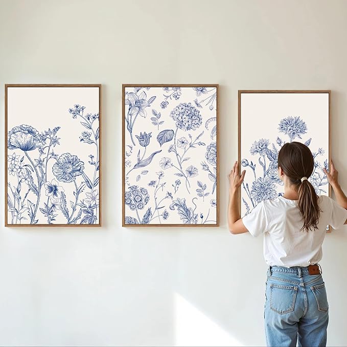 Tinonedraw Large Classic Chinoiserie Flower Framed Canvas Wall Art Set, Navy Blue and White Floral Wall Decor, Minimalist Neutral Botanical Art Printing for Living Room Bedroom Office Dorm 24"x36"x3