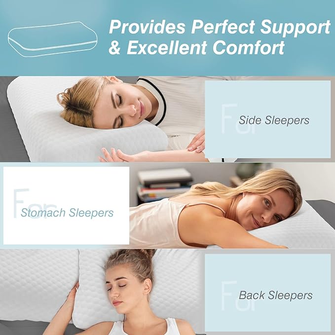 Sweetcrispy Memory Foam Pillows - Standard Size Neck Pillow, Ventilated Cooling Bed Pillow with Removable Cover, Comfort and Support, Best for Side, Back, and Stomach Sleepers, Living Room, White