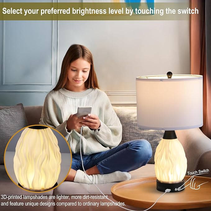 Serteaw 22''Touch Control Table Lamps Set of 2,Stepless Dimmable Bedside Lamps with USB Charging Ports, Black and Cream Living Room End Nightstand Table Lamps with Linen Lampshade, LED Bulbs Included