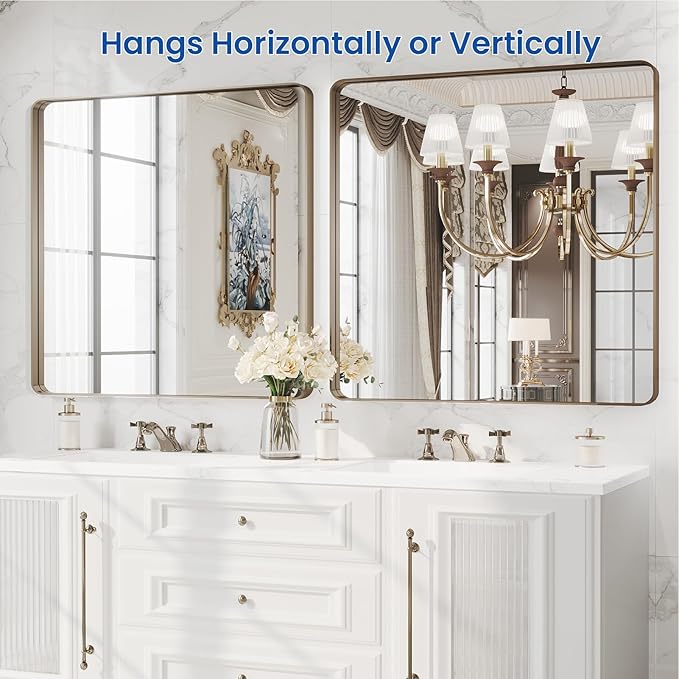 WEER Bronze Bathroom Mirror 36x36 Inch, Farmhouse Oil Rubbed Frame for Wall, Aluminum Alloy Brushed Metal, Vanity, Tempered Glass, Anti-Rust (Horizontal/Vertical)