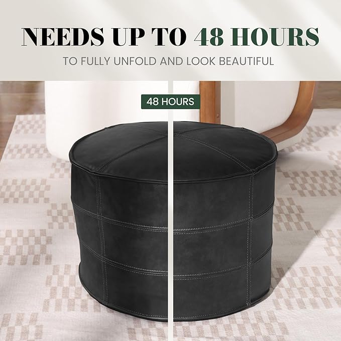 Genuine Leather Round Pouf Ottoman Footstool for Living Room, Bedroom, Indoor (Black)