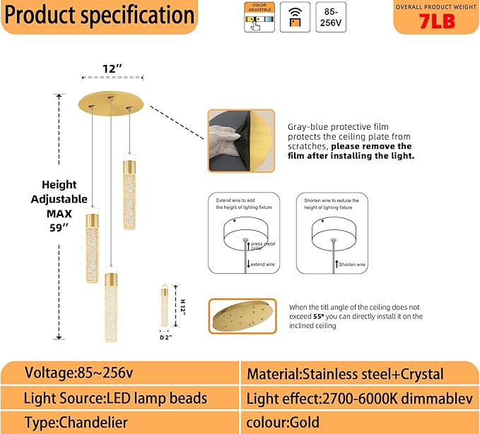 Dimmable 3-Light Pendant Lights Kitchen Island Crystal Hanging Light Modern Ceiling Light for Dinning Room Living Room 24W Gold