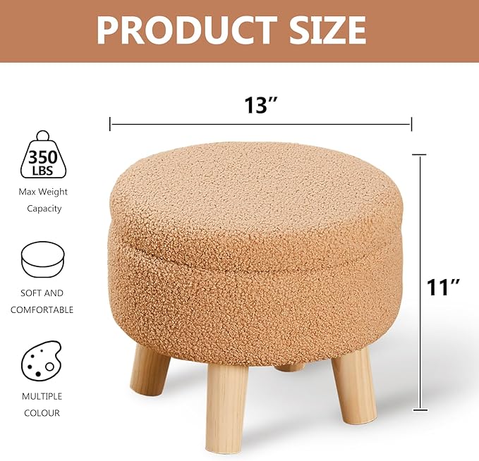 Wimarsbon Storage Ottoman, Modern Round Footrest with Soft Padded Seat, Teddy Velvet Footstool with Wood Legs, Accent Small Table or Plant Stand for Hallway, Living Room (Champagne)