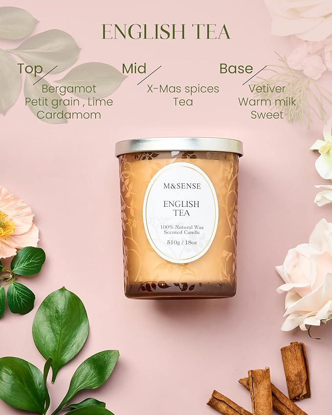 M&SENSE Earl Grey Tea Scented Candle, Cracking Wooden Wick Soy Wax, 18oz 100 Hours Long Lasting Clean Burn, Large Jar Candles for Home Decor, Non-Toxic Relaxing Aromatherapy Gifts for Women