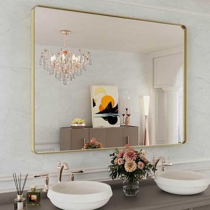 WEER Gold Bathroom Mirror, 48X36 Inch Brushed Gold Metal Frame Mirror, Rounded Rectangle Gold Bathroom Vanity Mirror for Wall, Tempered Glass, Anti-Rust, Hangs Horizontally or Vertically