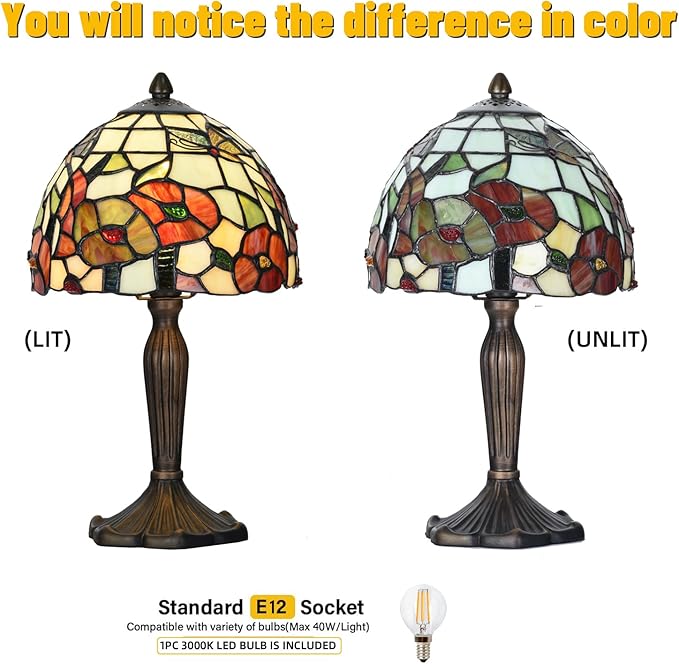 TL0029 Tiffany Style Table Lamp Stained Glass Floral Shade with Bronze Base Vintage Art Deco Desk Light for Bedroom Living Room Decor (Blossom)