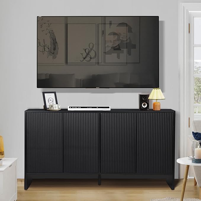 Sideboard Buffets Cabinet, Modern Accent Storage Cabinet with 4 Fluted Doors and Adjustable Shelves, Wood Credenza Buffet Sideboards, Console Table for Kitchen Dining Living Room Entryway (Black)