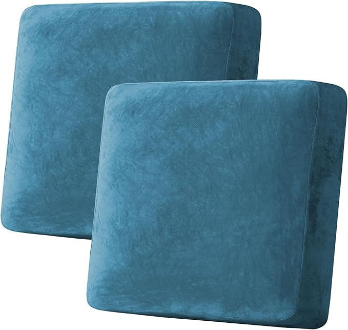 H.VERSAILTEX Velvet Stretch Couch Cushion Cover Plush Cushion Slipcover for Chair Loveseat Sofa Cushion Furniture Protector Seat Cushion Sofa Cover (2 Piece Large Sofa Cushion Covers, Peacock Blue)