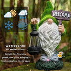 Solar Gnome Outdoor Garden Fall with Solar Lantern - 11’’Halloween Autumn Welcome Gnomes Decorations for Yard Patio (Green & White)