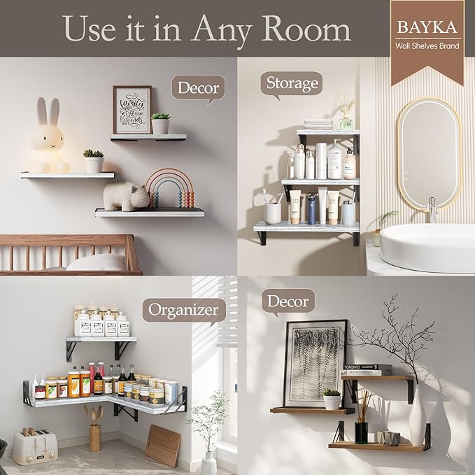BAYKA Wall Shelves for Bedroom Decor, Floating Wall Shelves for Living Room Kitchen Storage, Wall Mounted Rustic Wood Floating Shelves for Kids Books,Corner Shelves for Bathroom(White，Set of 3)