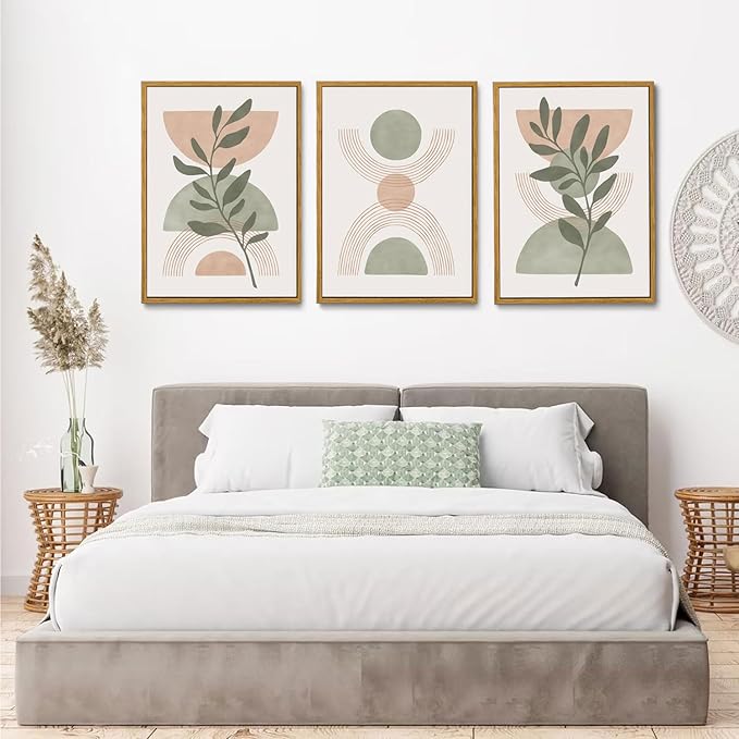 Bwodke Boho Wall Art, Framed Abstract Wall Art, Green Botanical Neutral Canvas Wall Decor, Large Mid Century Plant Pictures Set of 3, Modern Minimalist Paintings, for Bedroom Living Room Bathroom