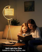 Lightdot Tripod Floor Lamp for Living Room, Gold Standing Lamp with E26 LED Bulb, Rattan Boho Floor Lamp, Farmhouse Tall Lamp for Bedroom, Arced Reading Light with Rattan& Linen Double Shades