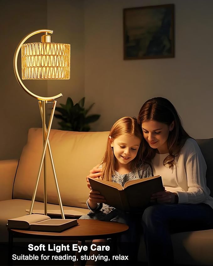 Lightdot Tripod Floor Lamp for Living Room, Gold Standing Lamp with E26 LED Bulb, Rattan Boho Floor Lamp, Farmhouse Tall Lamp for Bedroom, Arced Reading Light with Rattan& Linen Double Shades
