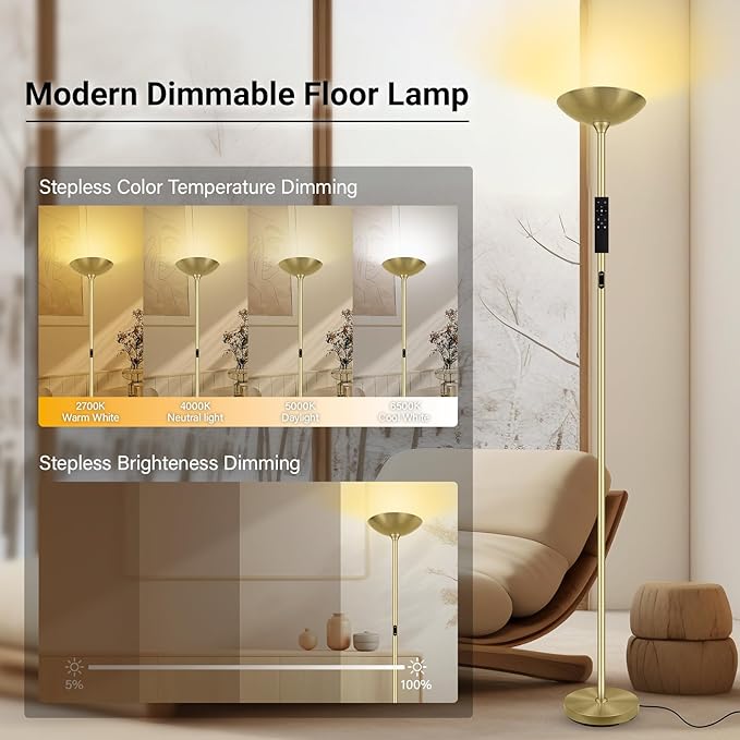 BoostArea Dimmable Floor Lamp,30W 3000LM Super Bright LED Torchiere Standing Lamp with Remote & Touch Control,71 in Tall Pole Sky Modern Floor Lamps for Living Room Bedroom Office,2700k-6500k,Gold