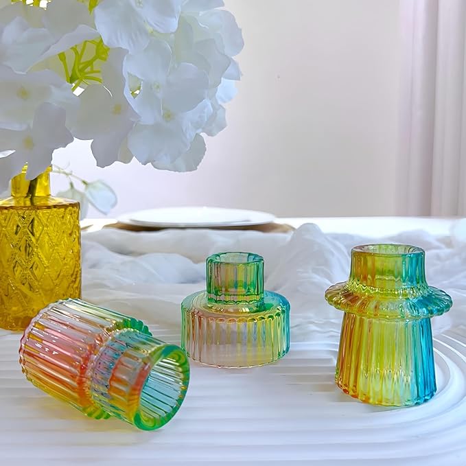 Double Sided Vintage Ribbed Taper Glass Candle Holders,Tea Candle Holder for Table Centerpieces, Wedding Decorations and Dinner Parties (Rainbow, 3 PCS)