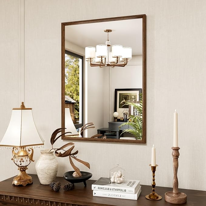 Rectangle Bathroom Mirror 22x30 Inch, Walnut Wood Grain Framed, Anti-Rust & 4mm Tempered Glass, Horizontal/Vertical Hanging Vanity Mirror for Bathroom & Bedroom