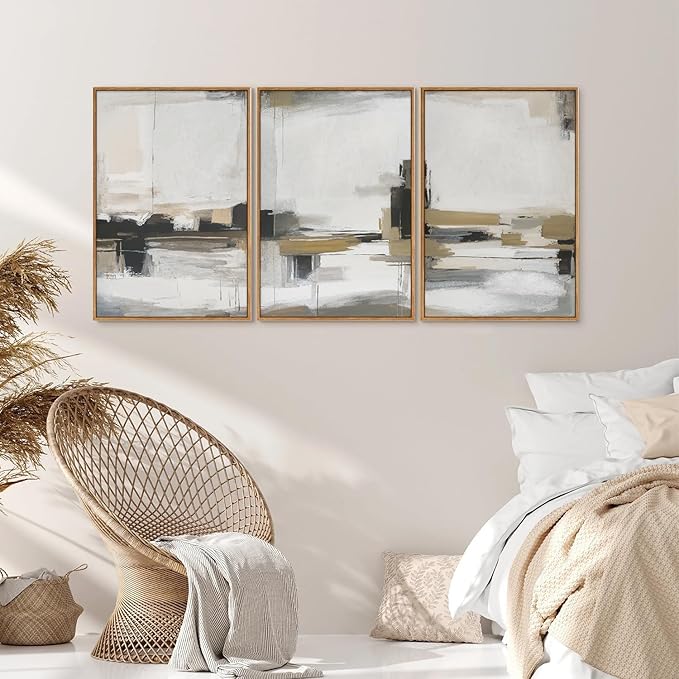 SIGNINART Beige Abstract Framed Canvas Wall Art Set, Black and White Textured Art Prints, Paint Strokes Minimalist Shapes Wall Decor, Neutral Modern Art Paintings for Living Room, Bedroom, Office 16"x24"x3