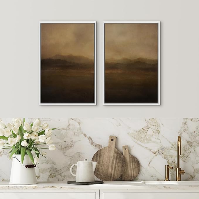 SIGNFORD Framed Canvas Print Wall Art Set Serene Misty Mountains Illustrations Modern Art Decorative for Living Room, Bedroom, Office - 24"x36"x2 White