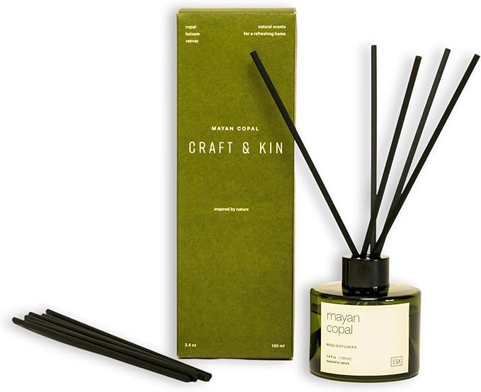 Craft & Kin Mayan Copal Reed Diffuser | All Natural Essential Oil & Rattan Scent Sticks | Fall Reed Diffusers for Home, Bathroom | Long Lasting Home Fragrance in Green Glass, 3.4oz