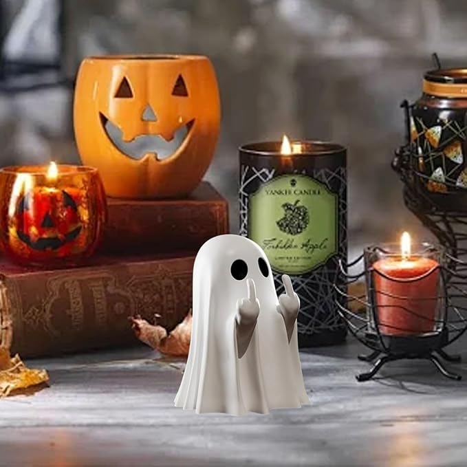 Halloween Ghost Figurine, Funny Resin Middle Finger Ghost Statue, Cute Decor for Halloween Decorations Indoor, Porch and Desk Spooky Home Decor Gifts