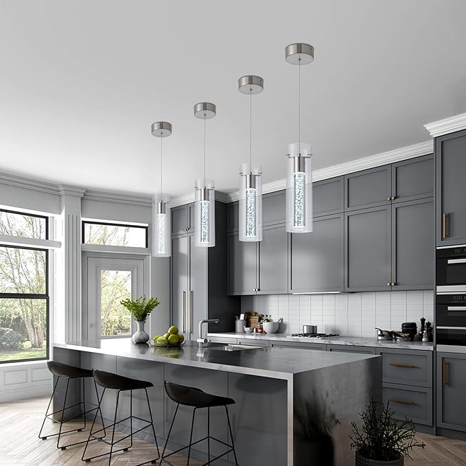 3-Pack Modern Pendant Lighting Satin Nickel,24W Light Chandelier with LED Bulb, Updated Housing and Bubble Kitchen Light for Kitchen,Dining Room,Living Room,Corridor and Restaurant, 6000K