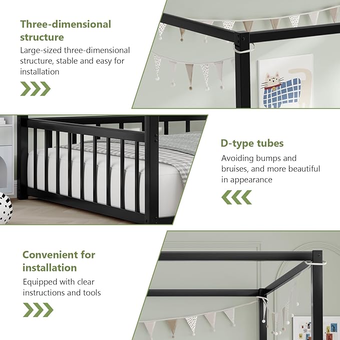 Canopy Floor Bed for Kids – Queen Size, Matte-Black Steel Frame with Safety Fence, Unisex Design for Boys & Girls, Box Spring Required, Quick Assembly (Queen)