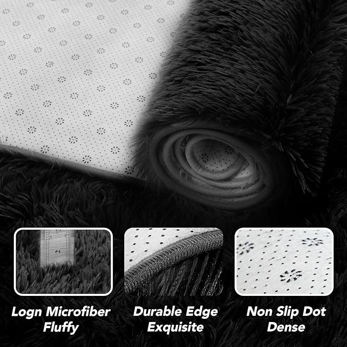 Fluffy Area Rug 5x7 Bedroom: Shag Rug for Bedroom - Area Rug 5x7 Black Plush Fuzzy Soft Carpet for Living Room