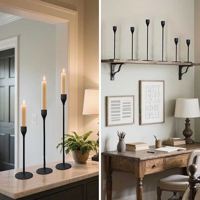 Taper Candle Holders, Set of 6 Candlestick Holders for Table Centerpieces, Weddings, Parties, Anniversaries and Home Decor, Elegant Candle Holders (Black)
