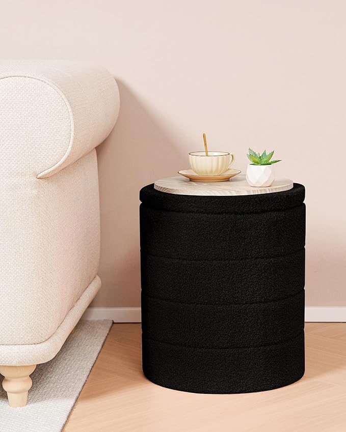B FSOBEIIALEO Ottoman with Stroage, Round Sherpa Storage Ottoman Stool, Boucle Foot Rest 14.6"x14.6"x17.7"（Black
