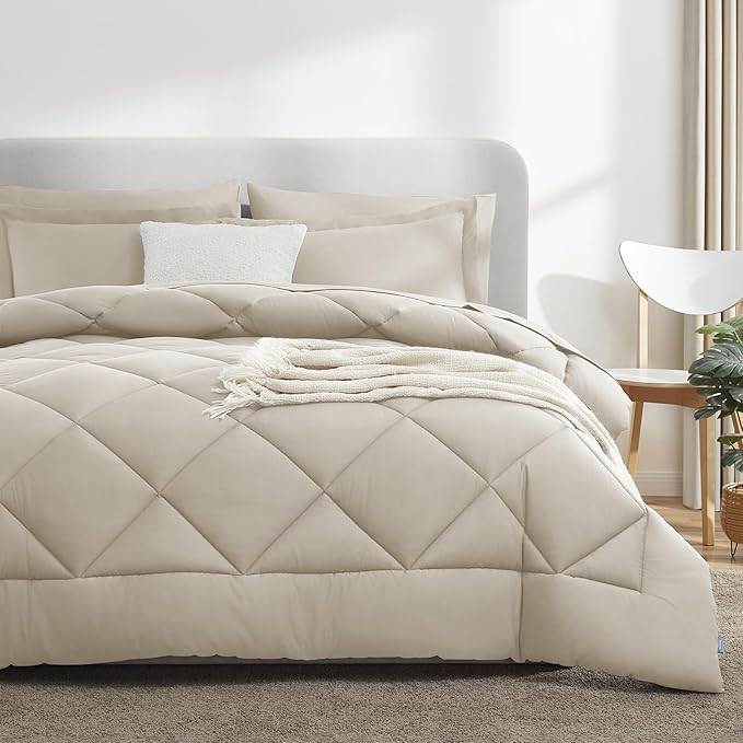 CozyLux Full Size Comforter Sets Oatmeal - 7 Pieces Bed in a Bag Full, Luxury Soft Bed Set for All Seasons, Bedding Set with Down Alternative Comforter, Sheets, Pillowcases & Shams