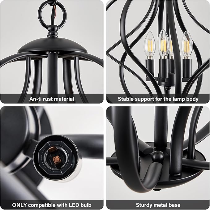 Modern Black Chandelier for Dining Room, 4 Lights Geometric Chandeliers, Sphere Chandelier Industrial Large Pendant Light Fixtures Hanging for Kitchen, Entryway, Foyer, Stairs