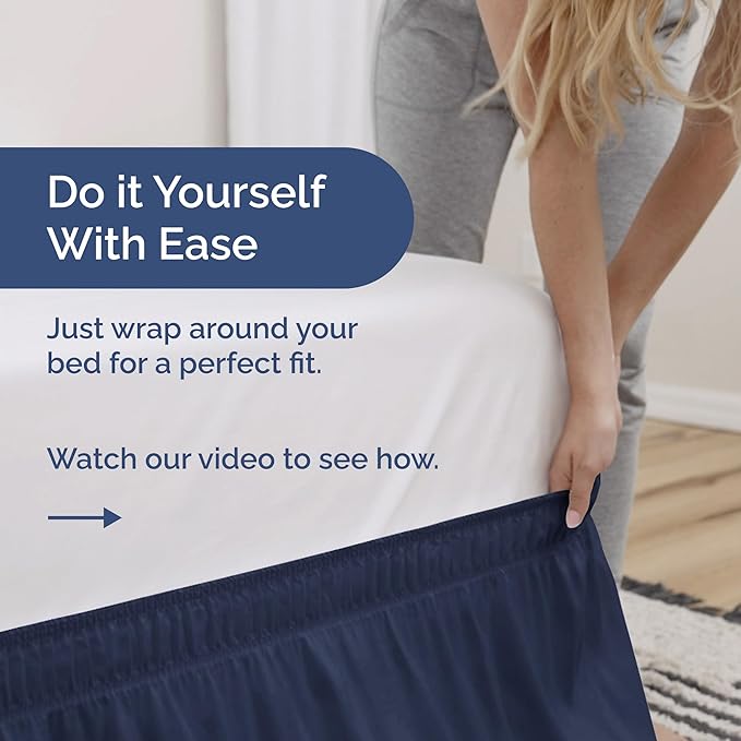 Wrap Around Dust Ruffle Bed Skirt - Navy Blue - Twin/Twin XL Size Beds with 15 Inch Drop - Elastic Strap - Adjustable Pleated Bedskirt with Brushed Fabric and Wrinkle Free - Women, Men, Kids & Teens