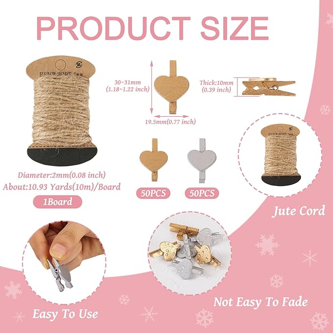 Pandahall 100Pcs Wooden Heart Clothespins Photo Clips Photo Paper Pegs Clips Gold Silver Mini Clothes Pins Holiday Card Holder Display with 10.9 Yards Jute Twine