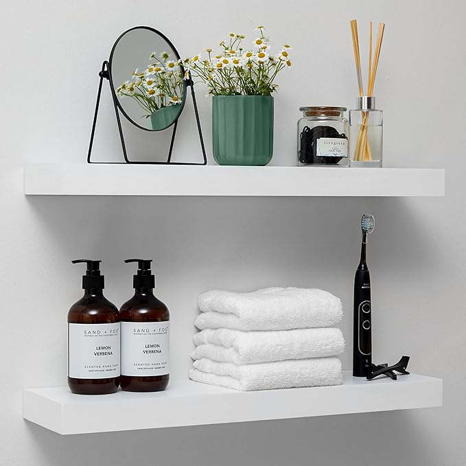 Homeforia White Floating Shelves 24 inch, High End Solid Real Wood 24inch Bathroom Floating Shelf for Wall Mounted, White Wooden 24in Floating Shelves, Heavy Duty Bracket, 24 X 6.5 X 1.75 in, Set of 4