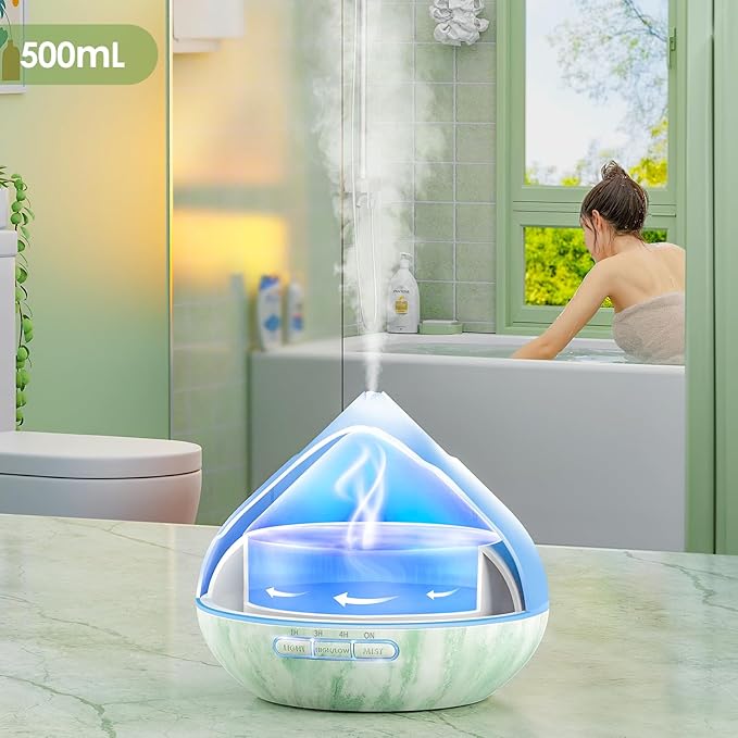 Aroma Diffuser with Essential Oils Set, 500 ML Essential Oil Diffuser with Remote Control, Humidifier with 14 Color Lights for Large Room, 4 Timer Setting, Auto Shut-Off Green