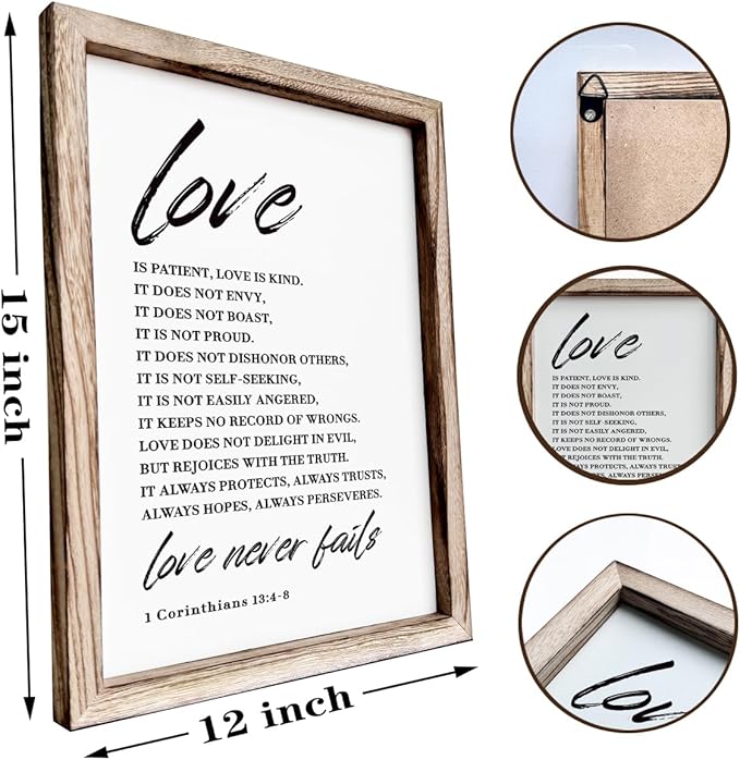 Love Wood Signs, Christian Wooden Wall Sign, Master Bedroom Signs, Inspirational Christian Gift, Home Decor, Framed Wall Plaque Sign 15 * 11.5 inches, Love is the Patient