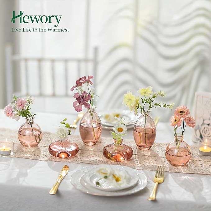 Hewory Glass Bud Vases for Centerpieces: Set of 12 Cute Pink Small Vases Handmade, Mini Flower Vase for Floral Arrangement, Tiny Decorations for Home Office Wedding Reception Party Events Table Decor