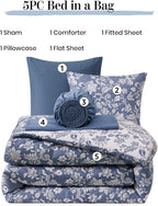 Full Comforter Set -7 Pieces Floral Oxford Blue Comforter Set for All Seasons, Bed in a Bag Full with Botanical Flowers Comforter, Sheets, Pillowcases & Shams
