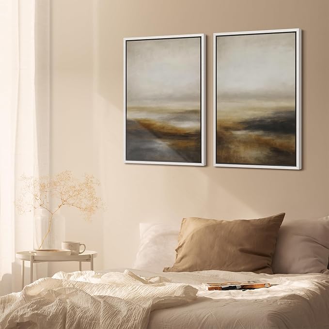 SIGNFORD Framed Canvas Print Wall Art Set Abstract Neutral Landscape Modern Beige and Brown Illustration Modern Art Decorative Nordic Nature for Living Room, Bedroom, Office - 16"x24"x2 White
