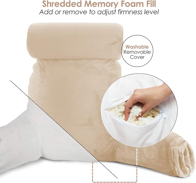 Nestl Reading Pillow Large Bed Pillow, Back Pillow for Sitting in Bed Shredded Memory Foam Chair Pillow, Reading & Bed Rest Pillows Beige Cream Back Pillow for Bed, Bed Chair Arm Pillow with Pockets
