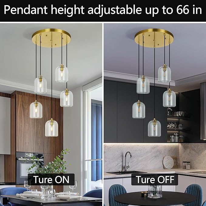 Modern Gold Pendant Lights Kitchen Island Ceiling Chandelier Indoor Crystal Hanging Light Fixtures for Dining Room Kitchen Living Room Bedroom（5Light）